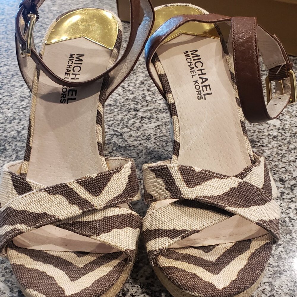 Michael kors leather brown ankle strap wedge sandals